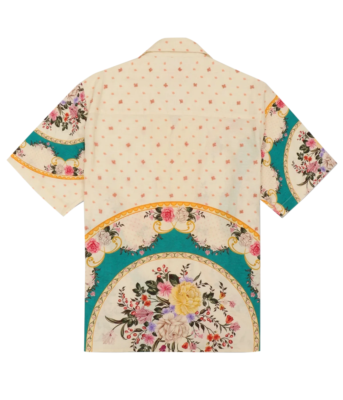 Perte D’ego Vintage Plates Emb Shirt featuring a Cuban collar, relaxed fit, and a baroque-inspired floral print in cotton-linen blend. Detailed with hand-embroidered accents and finished with Mother of Pearl buttons for a refined, statement summer look.