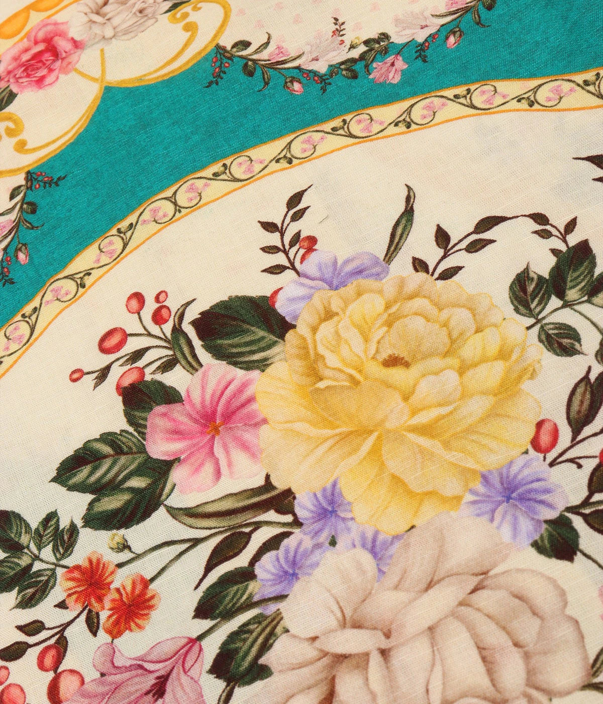 Perte D’ego Vintage Plates Emb Shirt featuring a Cuban collar, relaxed fit, and a baroque-inspired floral print in cotton-linen blend. Detailed with hand-embroidered accents and finished with Mother of Pearl buttons for a refined, statement summer look.