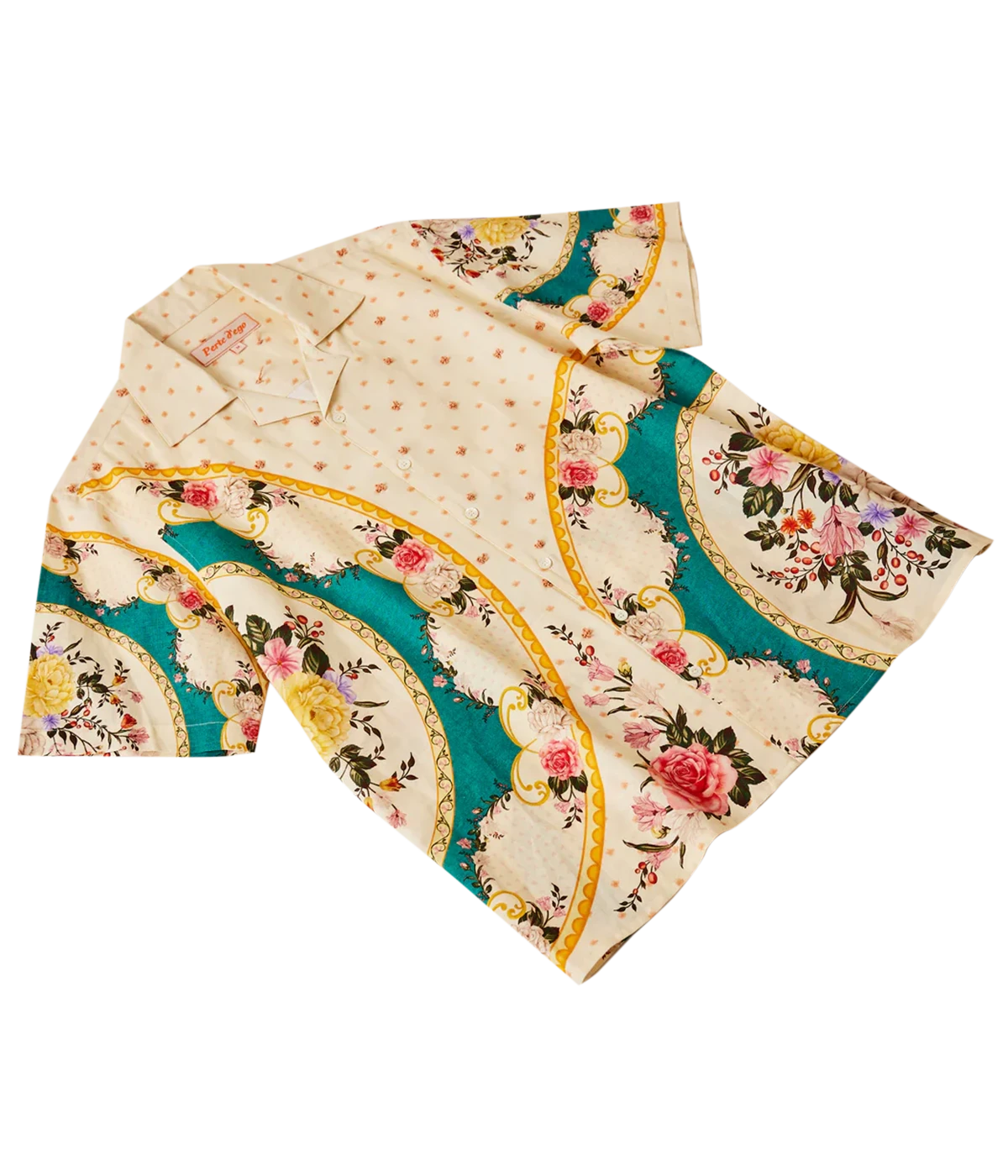 Perte D’ego Vintage Plates Emb Shirt featuring a Cuban collar, relaxed fit, and a baroque-inspired floral print in cotton-linen blend. Detailed with hand-embroidered accents and finished with Mother of Pearl buttons for a refined, statement summer look.
