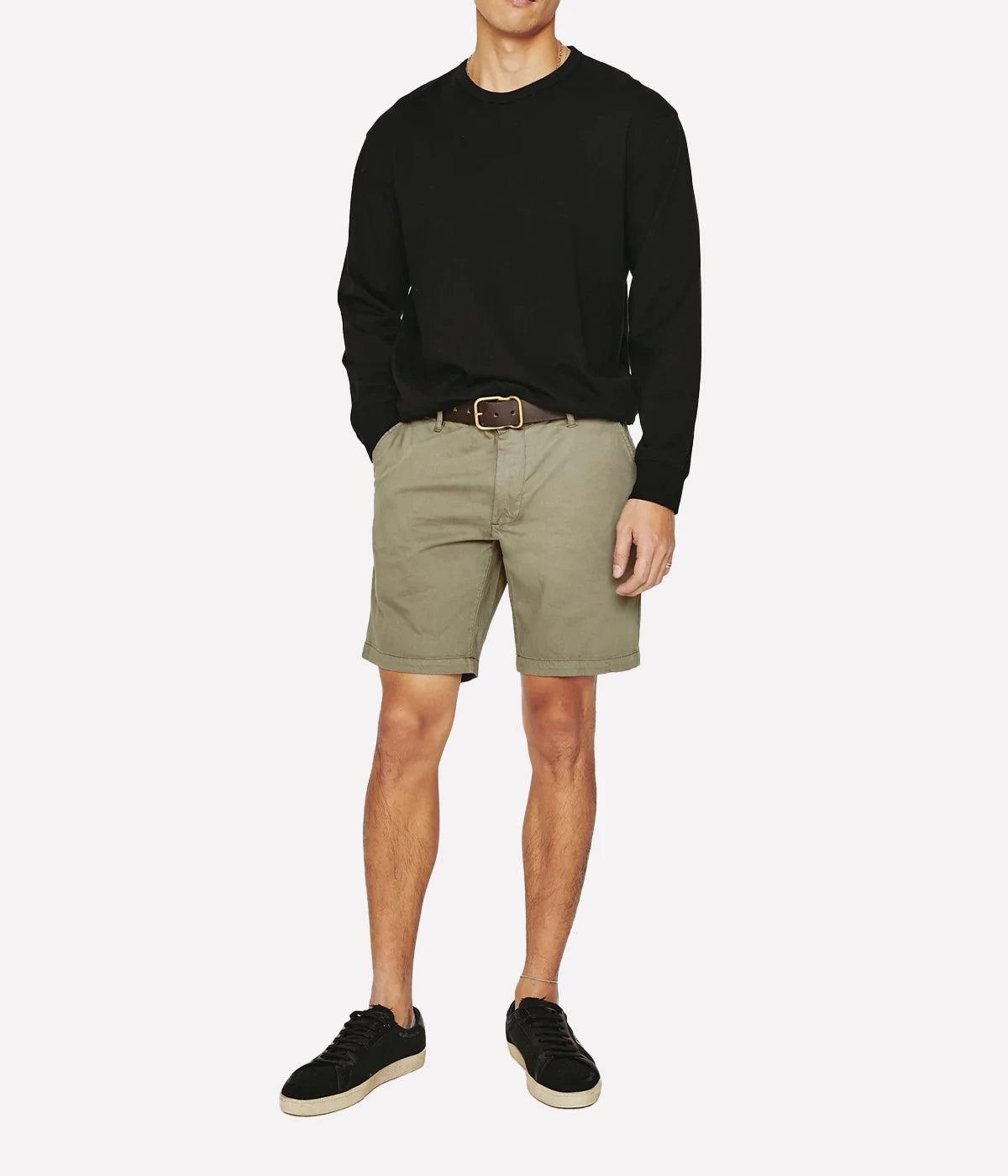 AG Wanderer Shorts styled with a long-sleeve shirt and sneakers, showcasing a relaxed yet polished outfit for versatile, everyday wear.