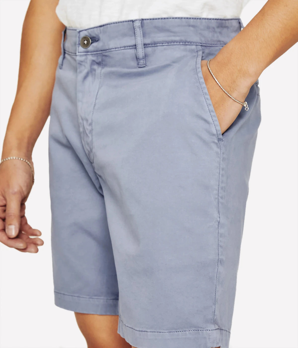 Close-up of the AG Wanderer Shorts, showing fine stitching, tailored pocket detailing, and smooth cotton fabric texture.