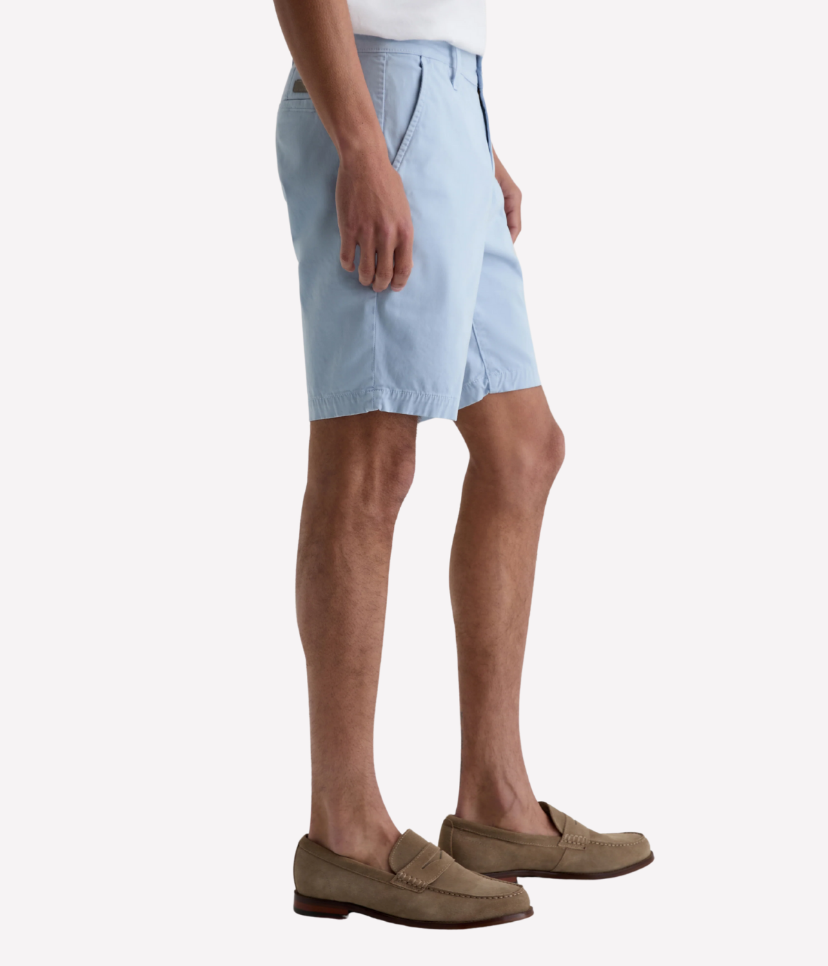 AG Wanderer Shorts in light blue with a slim fit, tapered leg opening, and ultra-lightweight cotton-blend fabric, made in the USA.