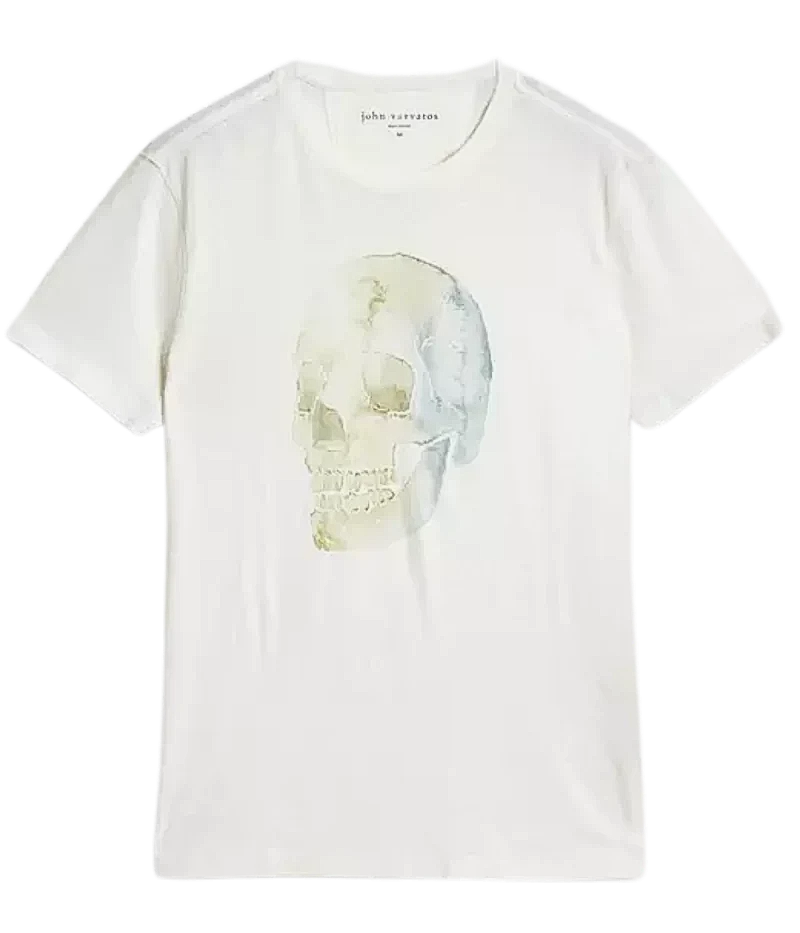 John Varvatos faded slub cotton tee featuring a green and blue watercolor skull design with a crewneck and short sleeves.