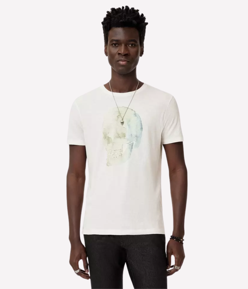 John Varvatos faded slub cotton tee featuring a green and blue watercolor skull design with a crewneck and short sleeves.