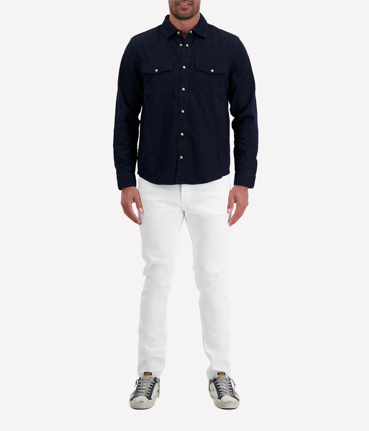 AG Wesley Western Shirt in navy with snap-button front, chest flap pockets, and Western-style stitching. Made from 100% cotton for a soft, lightweight feel.