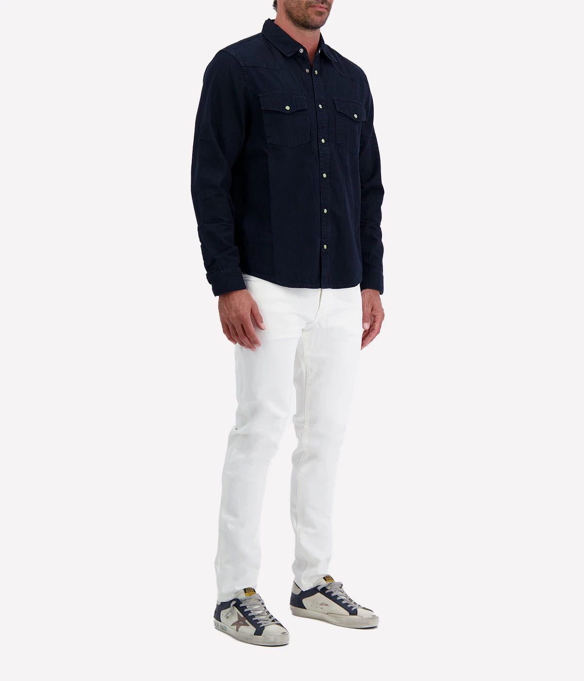 AG Wesley Western Shirt in navy with snap-button front, chest flap pockets, and Western-style stitching. Made from 100% cotton for a soft, lightweight feel.