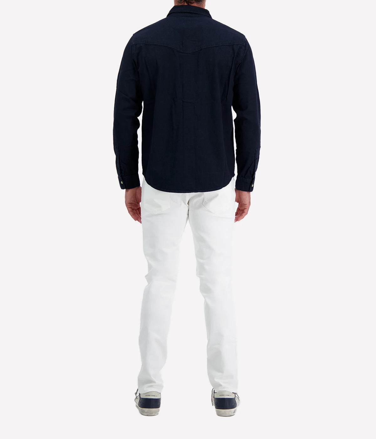 AG Wesley Western Shirt in navy with snap-button front, chest flap pockets, and Western-style stitching. Made from 100% cotton for a soft, lightweight feel.