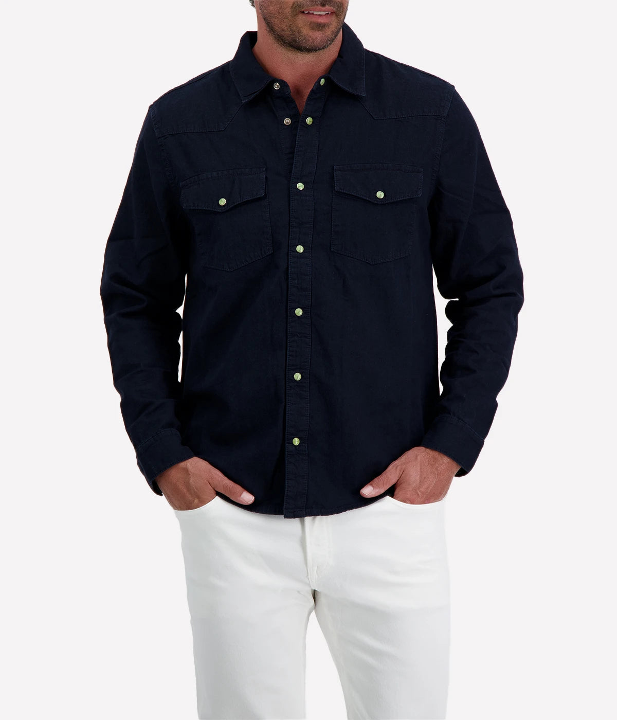 AG Wesley Western Shirt in navy with snap-button front, chest flap pockets, and Western-style stitching. Made from 100% cotton for a soft, lightweight feel.