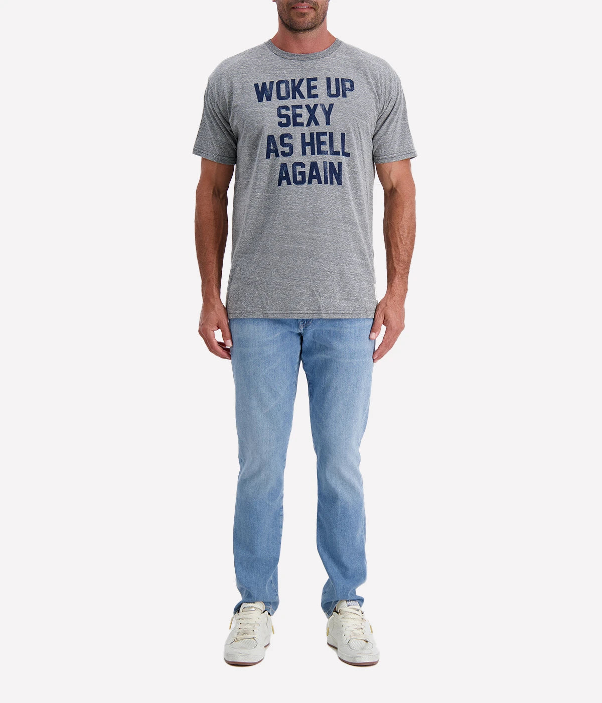 Front view of the "Woke Up Sexy" graphic tee, featuring a retro-inspired design on a soft, lightweight fabric blend. The relaxed fit and vintage-style lettering make this the perfect statement piece for effortless, everyday style.