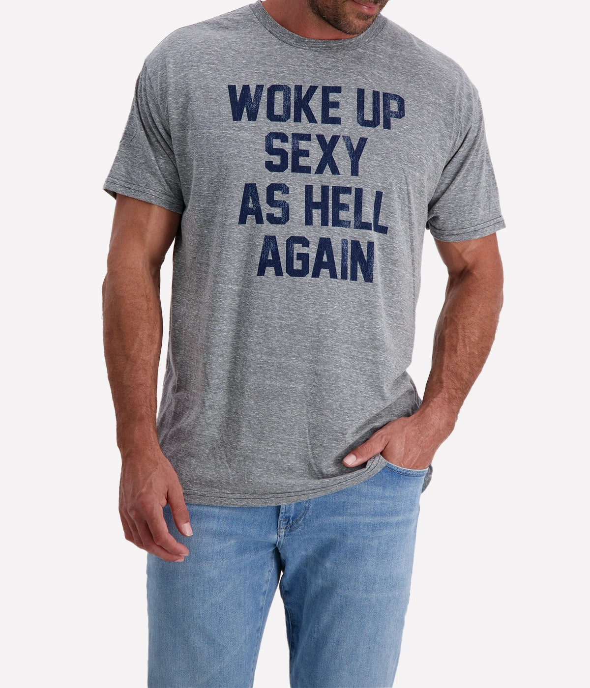 Front view of the "Woke Up Sexy" graphic tee, featuring a retro-inspired design on a soft, lightweight fabric blend. The relaxed fit and vintage-style lettering make this the perfect statement piece for effortless, everyday style.