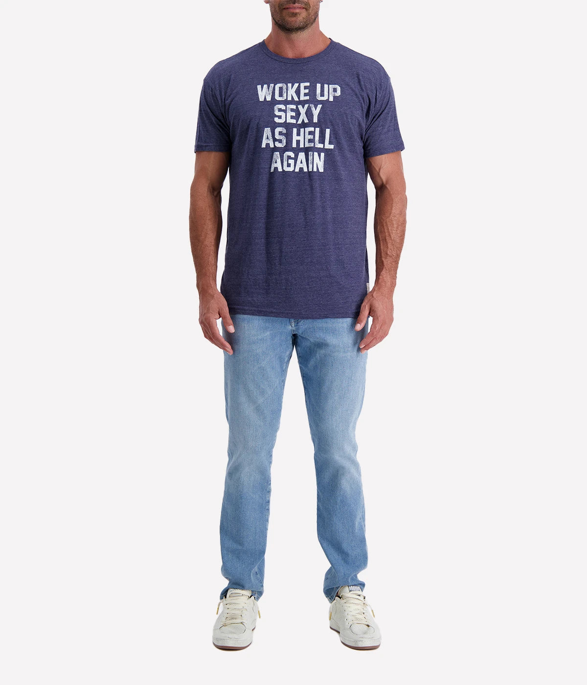 Retro-inspired "Woke Up Sexy" graphic T-shirt in a soft tri-blend fabric, perfect for effortless statement style.