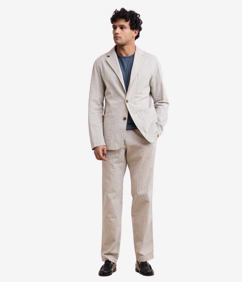 Tanker seersucker pants – straight-leg, elastic waistband with drawstring, and textured fabric. Pair with matching blazer for an effortless summer suit.