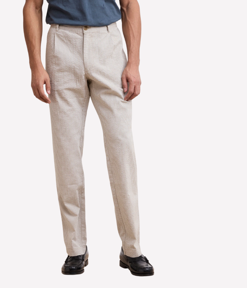 Tanker seersucker pants – straight-leg, elastic waistband with drawstring, and textured fabric. Pair with matching blazer for an effortless summer suit.
