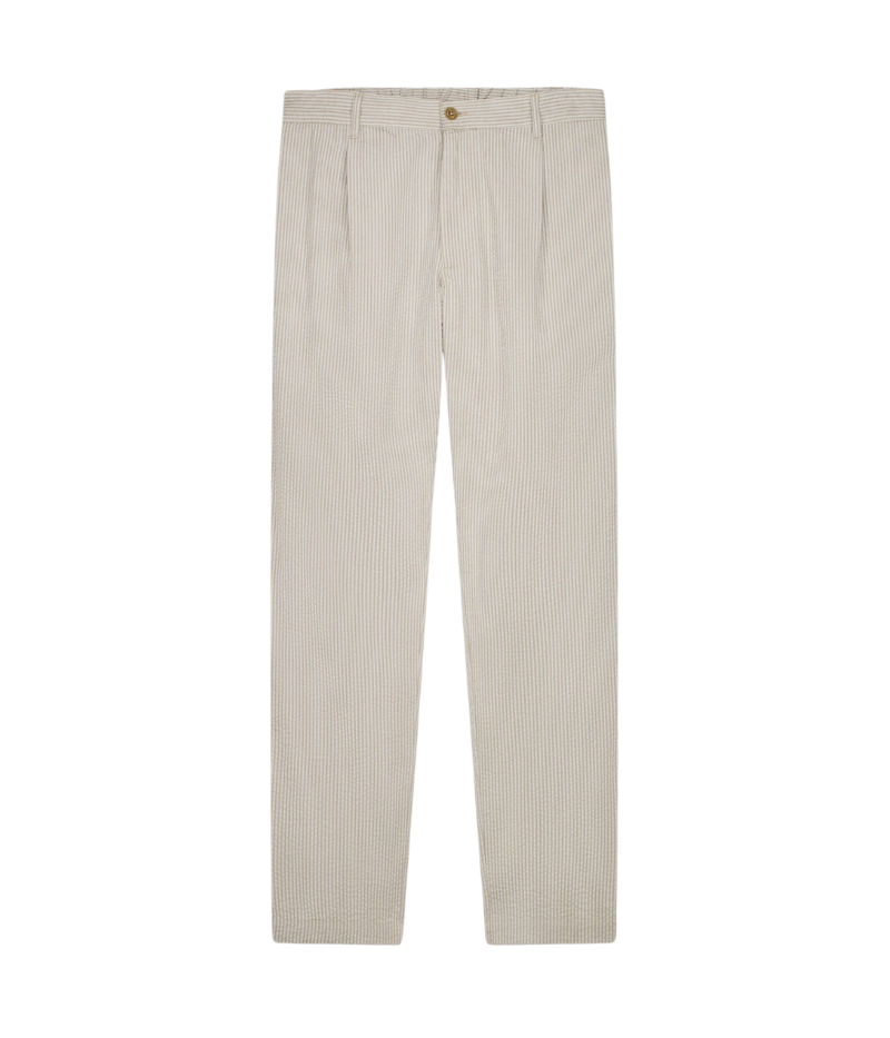 Tanker seersucker pants – straight-leg, elastic waistband with drawstring, and textured fabric. Pair with matching blazer for an effortless summer suit.