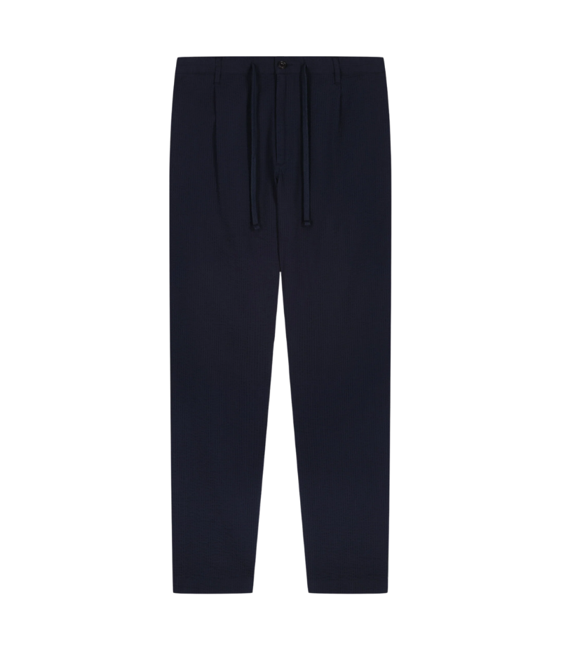 Tanker seersucker pants – straight-leg, elastic waistband with drawstring, and textured fabric. Pair with matching blazer for an effortless summer suit.