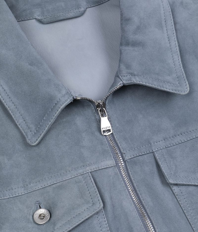 Valstar lamb suede trucker jacket in blue, featuring a two-way zip and four front pockets with a clean, unlined finish for effortless layering.
