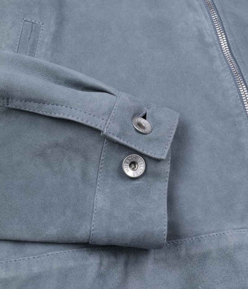Valstar lamb suede trucker jacket in blue, featuring a two-way zip and four front pockets with a clean, unlined finish for effortless layering.