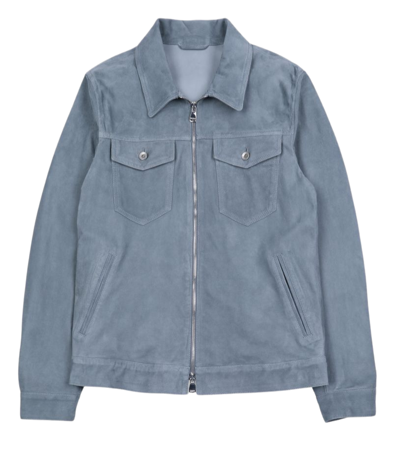 Valstar lamb suede trucker jacket in blue, featuring a two-way zip and four front pockets with a clean, unlined finish for effortless layering.