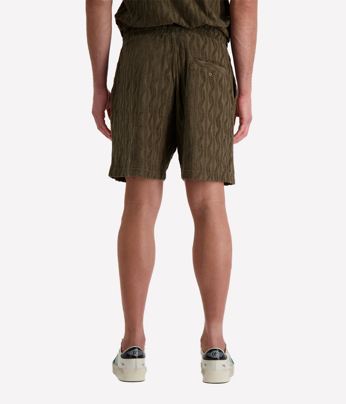 Men's Augusto Shorts by Frescobol Carioca in lightweight cotton with a relaxed fit, elasticated waist, zip-fly, side pockets, and back buttoned pocket.