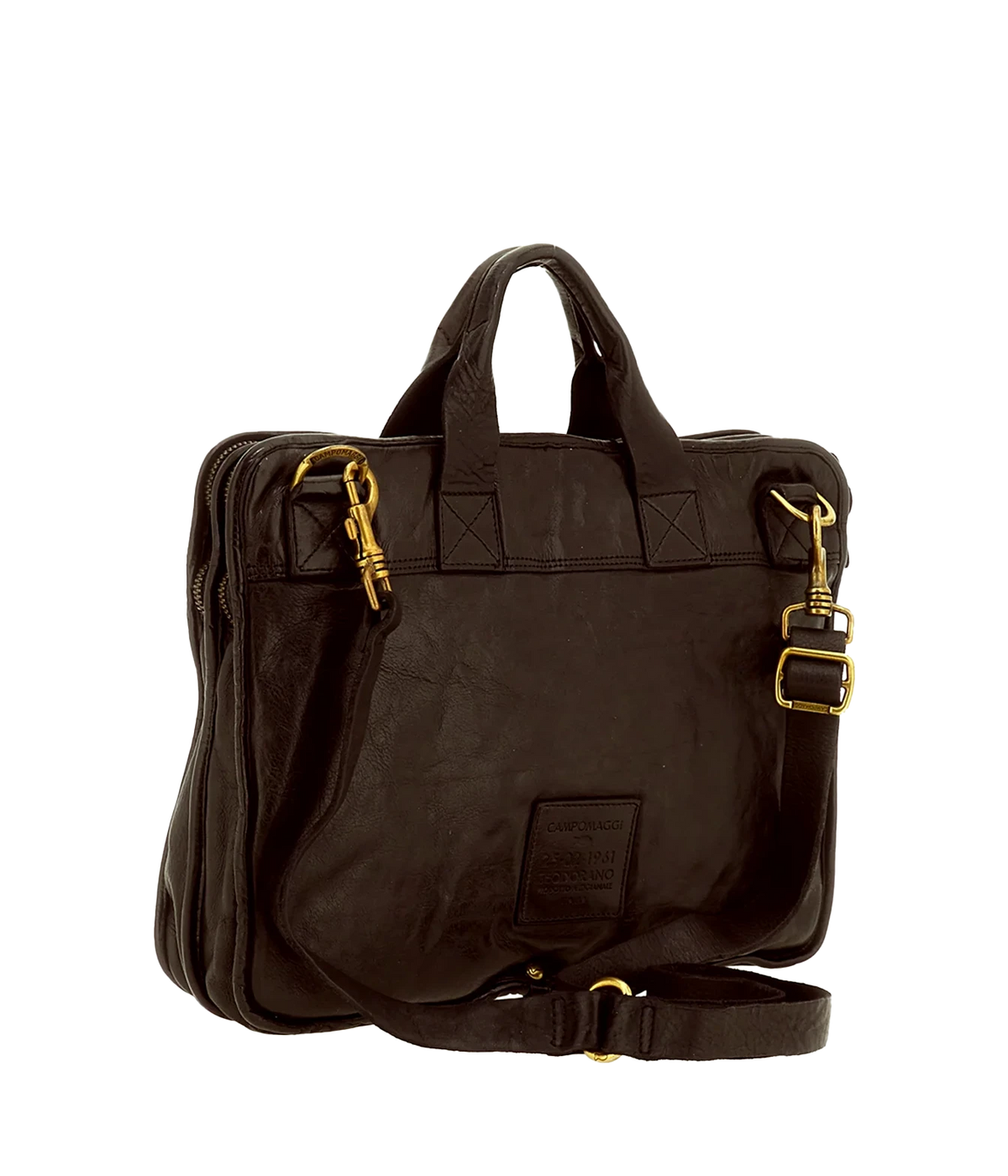 Back view of Campomaggi Briefcase in Brown with the leather shoulder strap attached