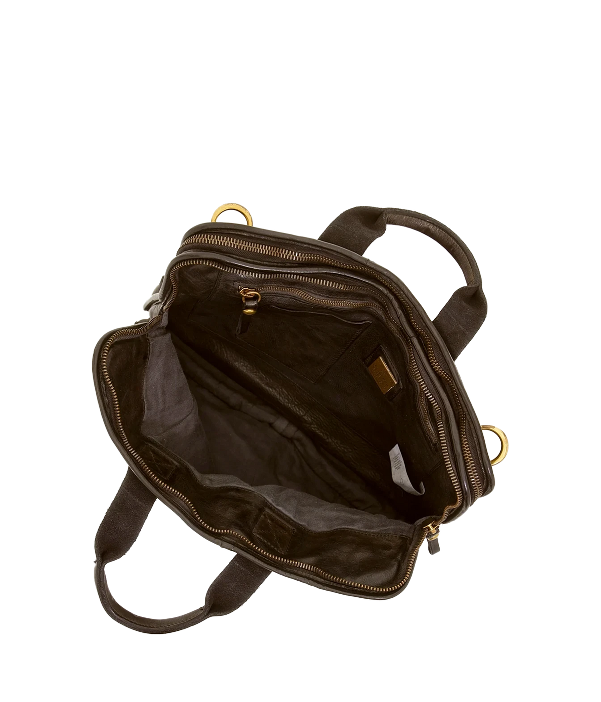 Open Campomaggi Briefcase in Brown showing the lined internal compartments