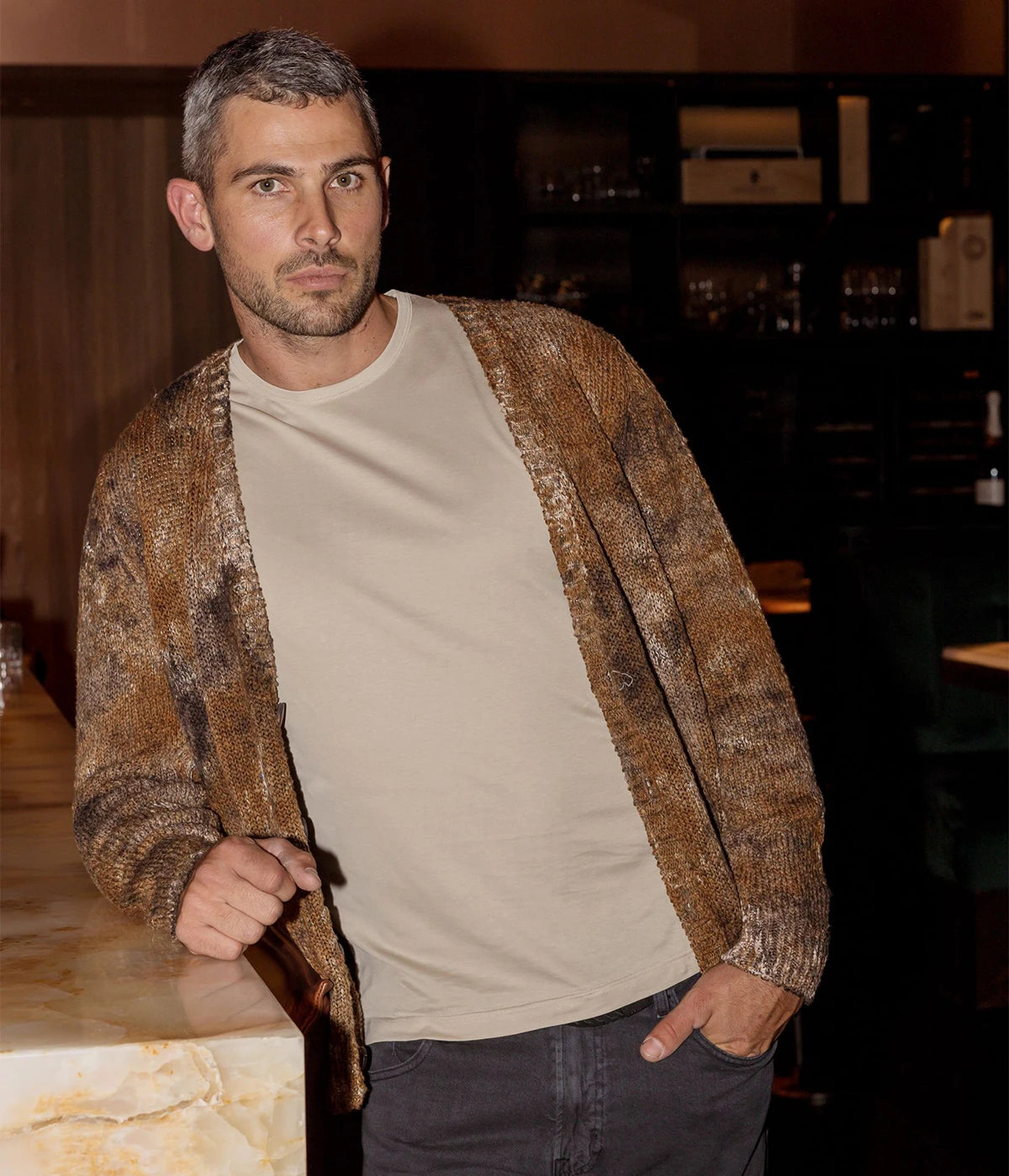 Camouflage Effect V Neck Cardigan in ANTILOPE