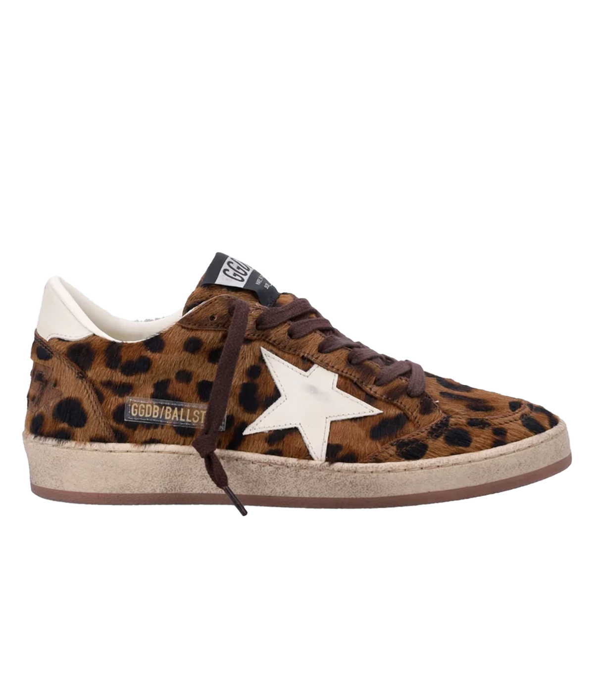 Golden Goose Ball Star sneaker in leopard-print pony-effect leather with cream star and heel tab, outer side view
