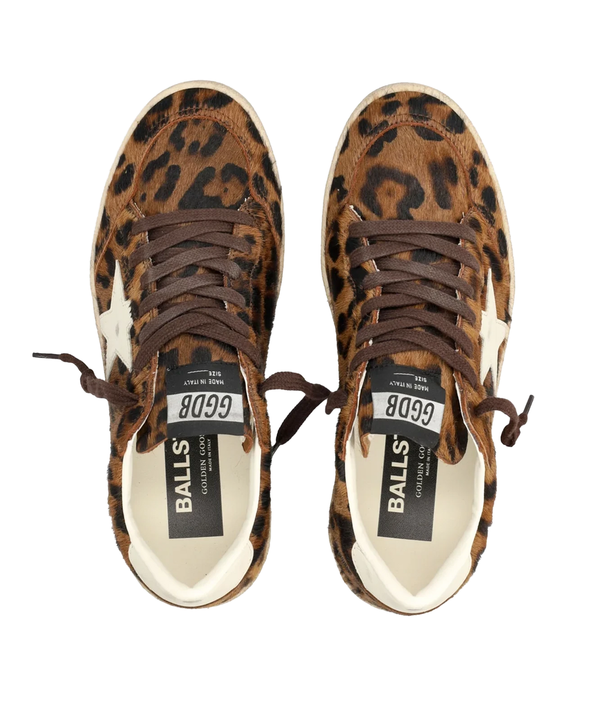 Pair of Golden Goose Ball Star sneakers in leopard-print pony-effect leather, top view showing the tongue logo labels and dark brown laces