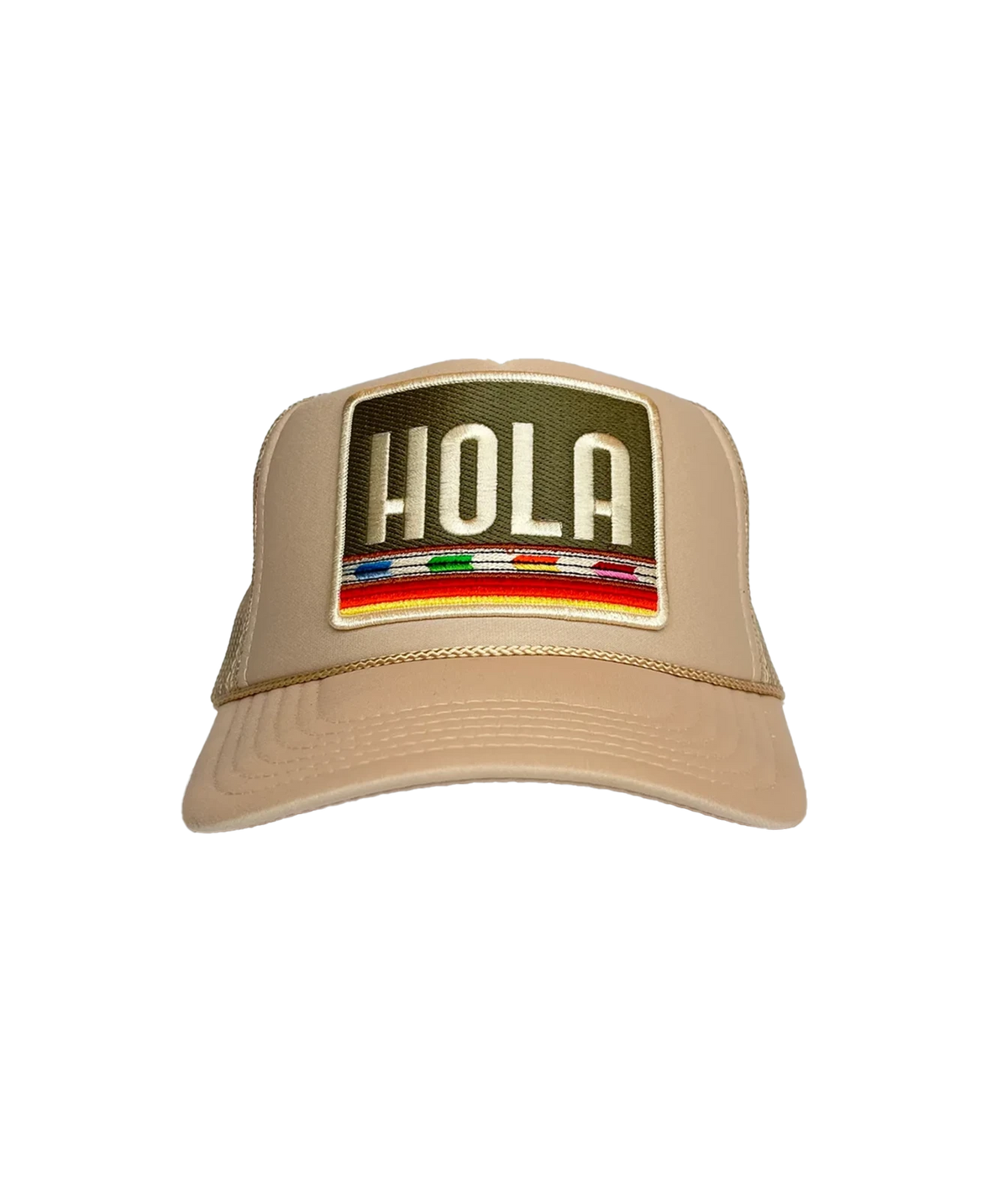 Front view of Port Sandz Hola Trucker Hat in Cream showing the embroidered HOLA patch