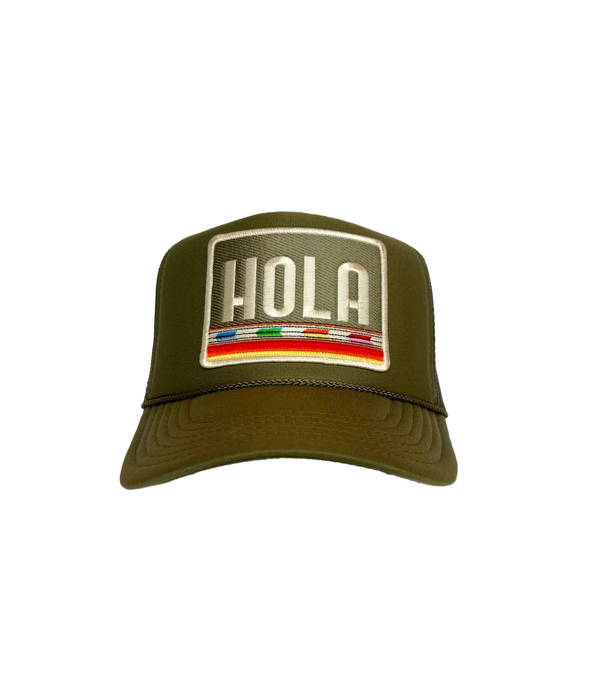 Front view of Port Sandz Hola Trucker Hat in Olive Army Green showing the embroidered HOLA patch