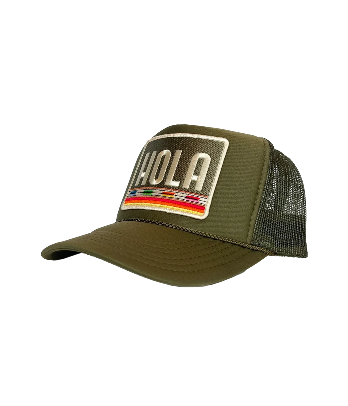Side view of Port Sandz Hola Trucker Hat in Olive Army Green showing the foam front and mesh panels