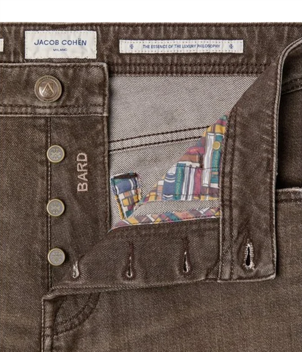 Close-up of Jacob Cohën Bard Regular-Slim Jeans in Dark Brown showing the button fly and printed interior lining