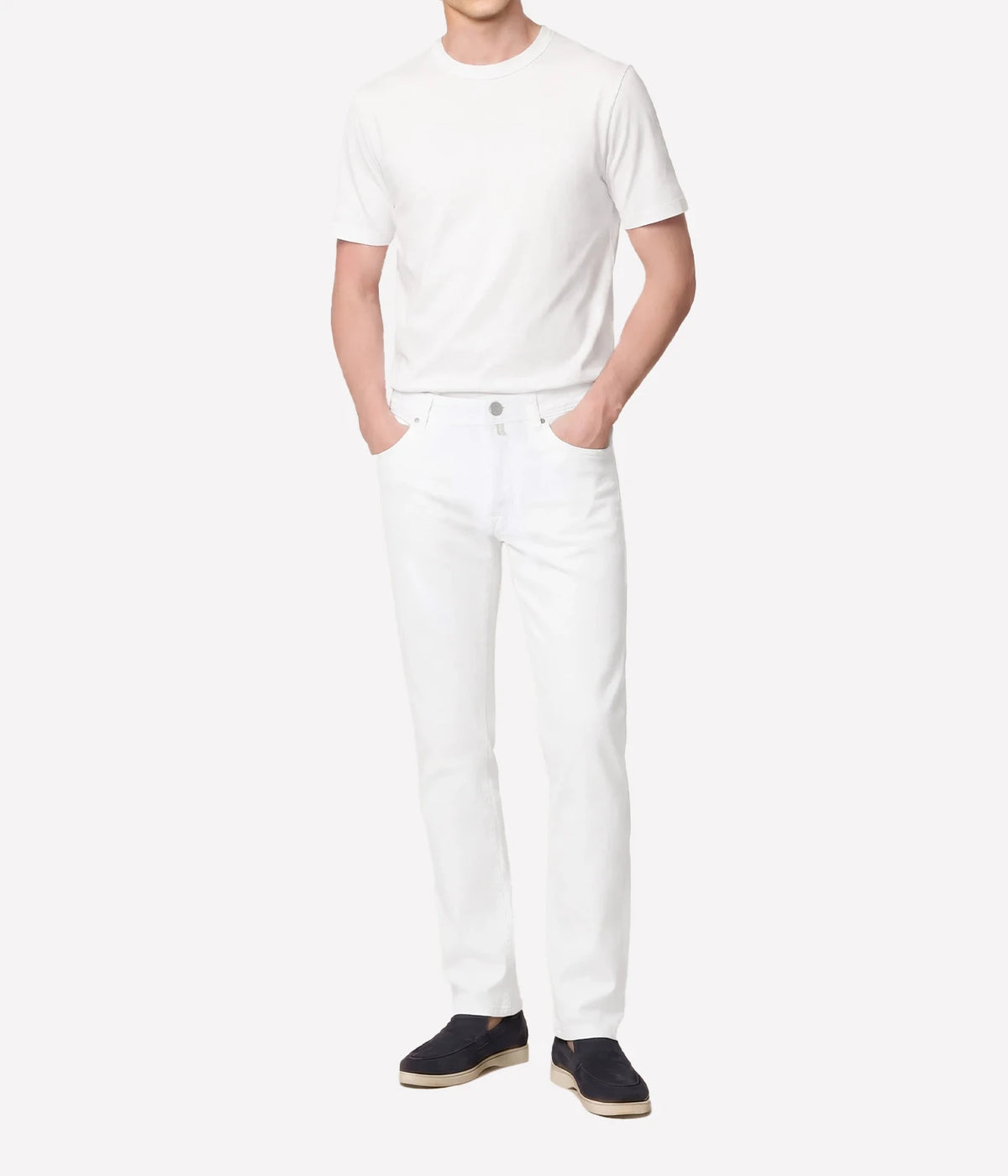 Man wearing Jacob Cohën Bard Slim Fit Pant in White with a white T-shirt and dark shoes, front view