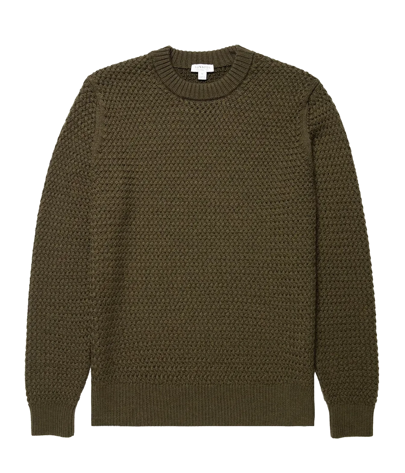 An olive green textured knit crewneck sweater with a ribbed collar, cuffs, and hem, displayed flat against a white background.