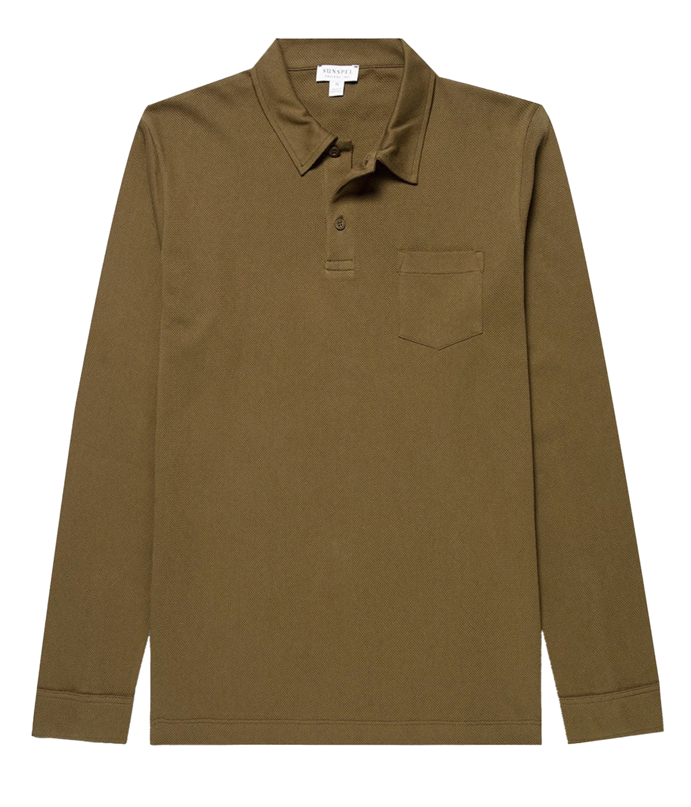 A long-sleeve polo shirt in olive brown, featuring a classic collar, a two-button placket, and a single chest pocket, shown flat against a white background.
