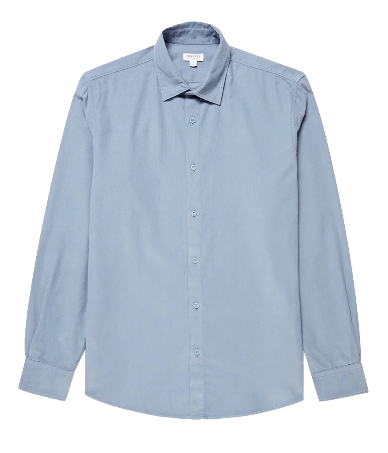 A light blue long-sleeve button-down shirt with a classic collar, laid flat against a solid white background.