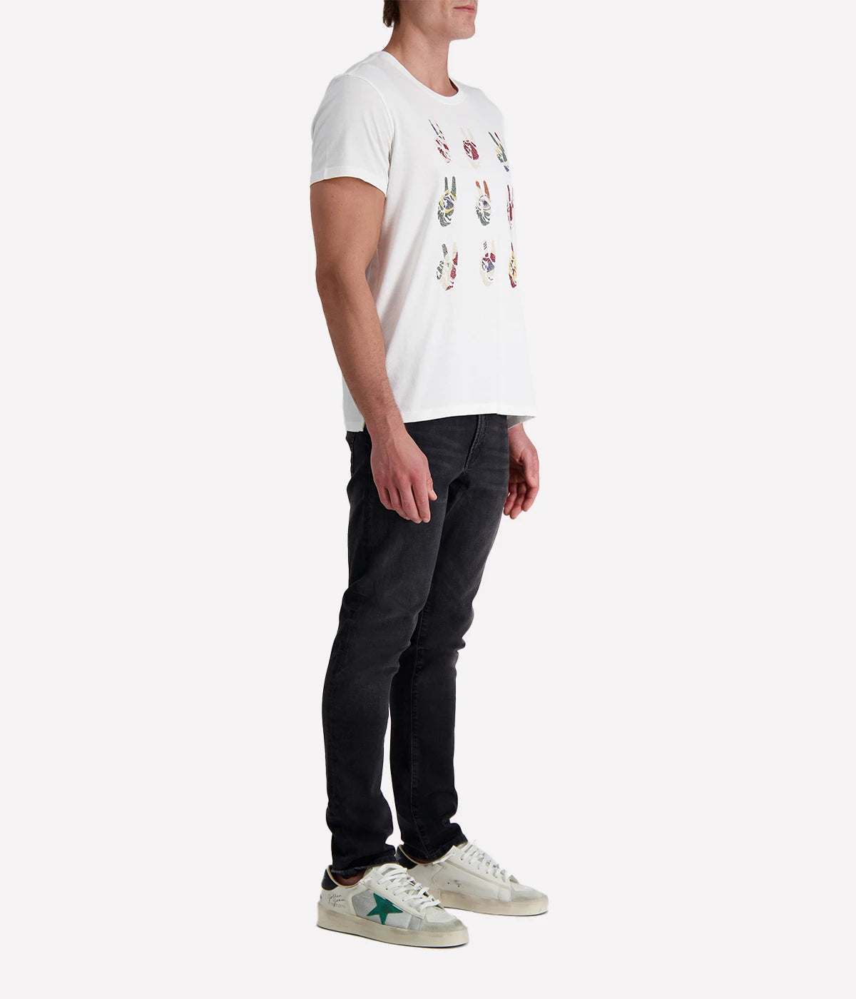 Men's Peace Symbol Graphic Tee in soft cotton with hand-embroidered international flag motifs on the front; features a crewneck and lived-in feel for effortless everyday style.