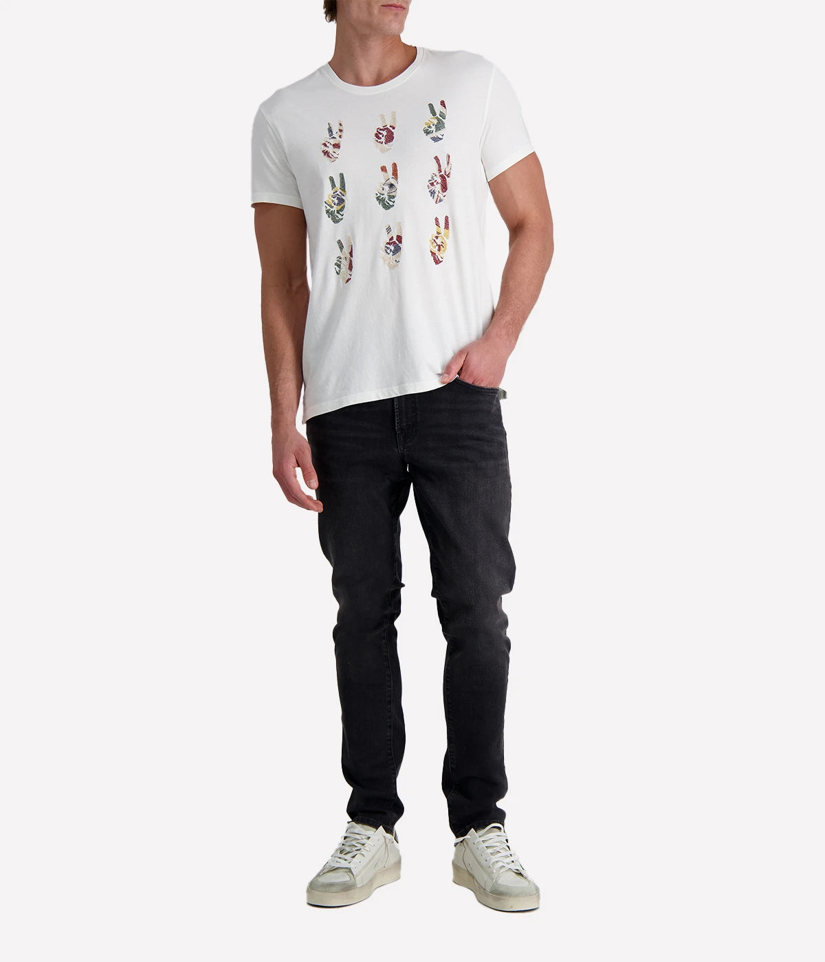 Men's Peace Symbol Graphic Tee in soft cotton with hand-embroidered international flag motifs on the front; features a crewneck and lived-in feel for effortless everyday style.