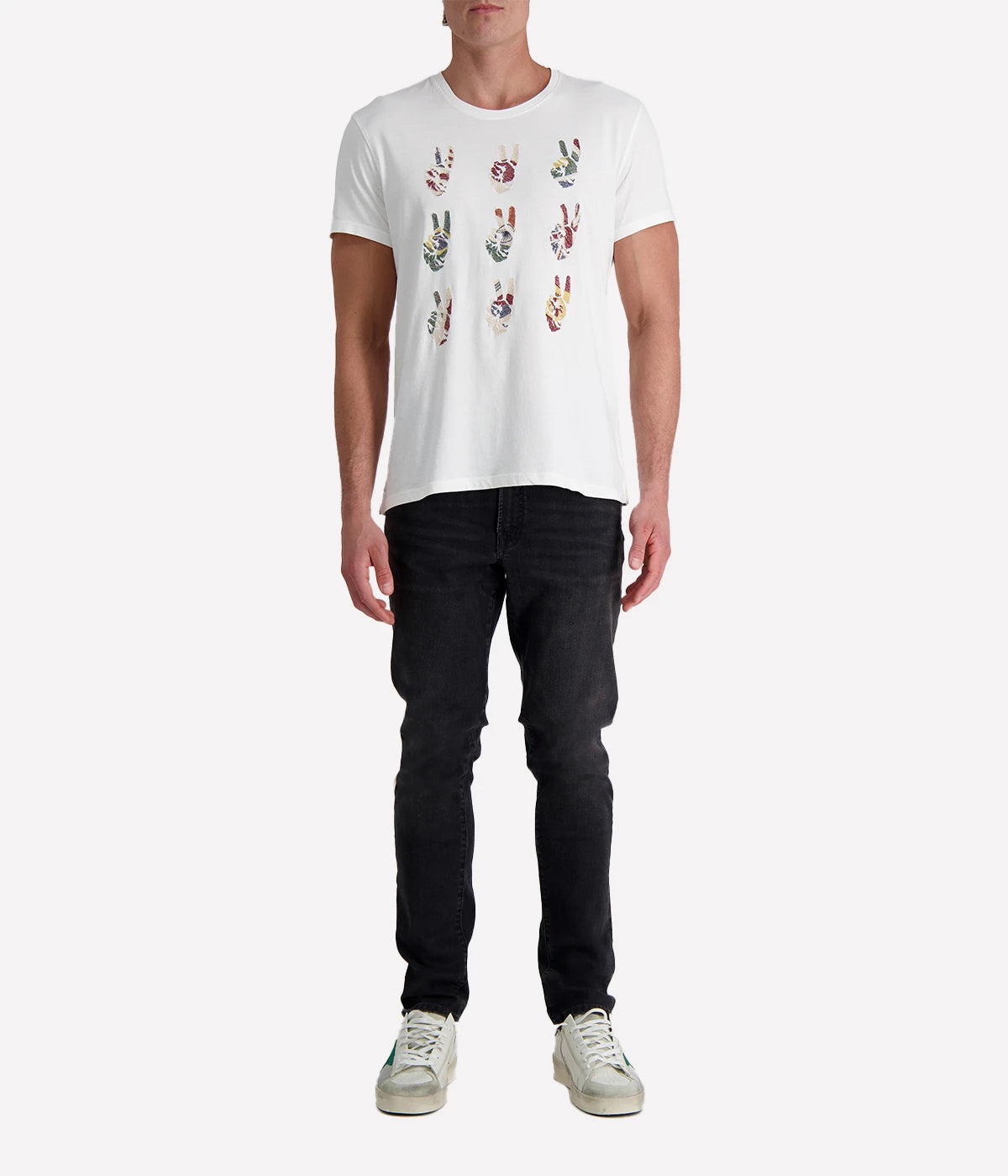 Men's Peace Symbol Graphic Tee in soft cotton with hand-embroidered international flag motifs on the front; features a crewneck and lived-in feel for effortless everyday style.