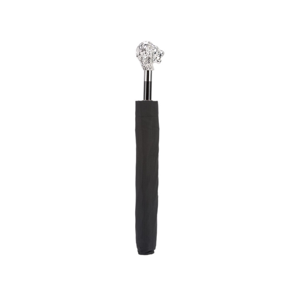 Silver Lion Folding Umbrella featuring a silver-plated resin handle and crafted from durable 100% polyester. Handmade in Italy, this umbrella combines timeless elegance with practicality, measuring 50cm in length and 100cm in diameter.