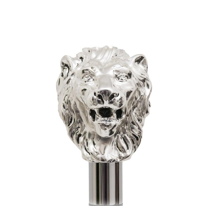 Silver Lion Folding Umbrella featuring a silver-plated resin handle and crafted from durable 100% polyester. Handmade in Italy, this umbrella combines timeless elegance with practicality, measuring 50cm in length and 100cm in diameter.