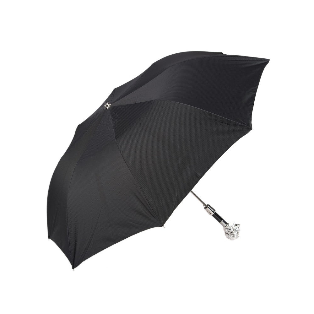 Silver Lion Folding Umbrella featuring a silver-plated resin handle and crafted from durable 100% polyester. Handmade in Italy, this umbrella combines timeless elegance with practicality, measuring 50cm in length and 100cm in diameter.