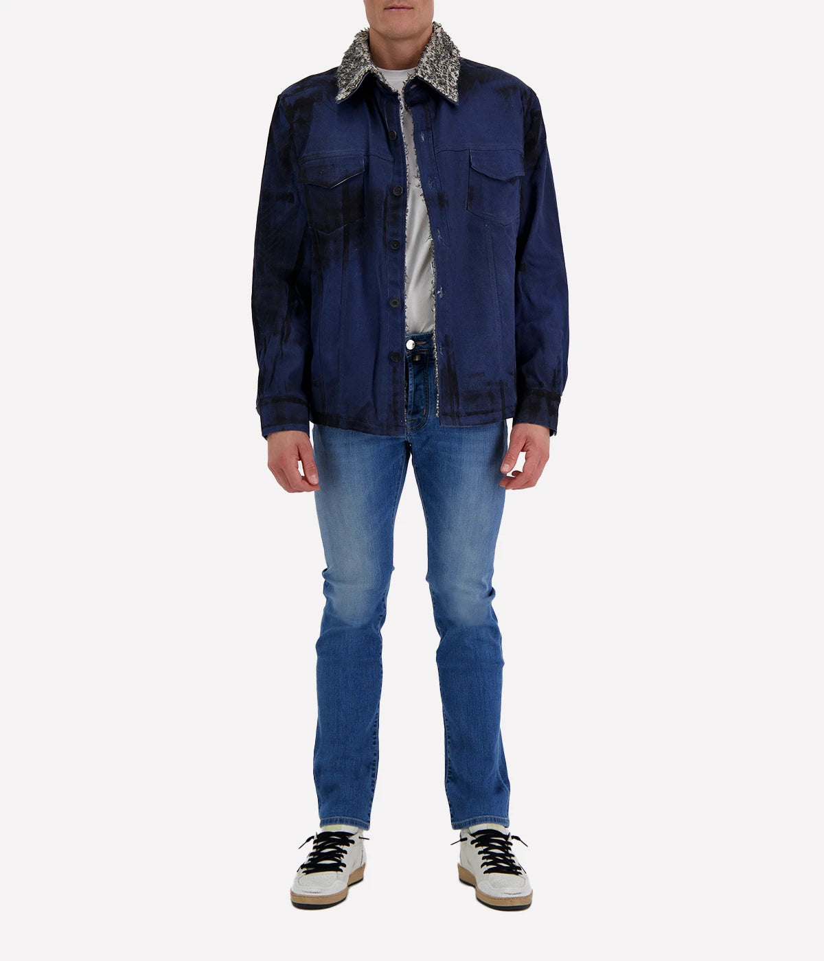 Spatula Effect Denim Shirt Jacket Lined W/ Furry Stitch in Midnight