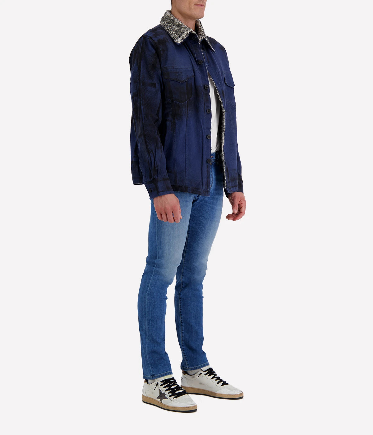 Spatula Effect Denim Shirt Jacket Lined W/ Furry Stitch in Midnight
