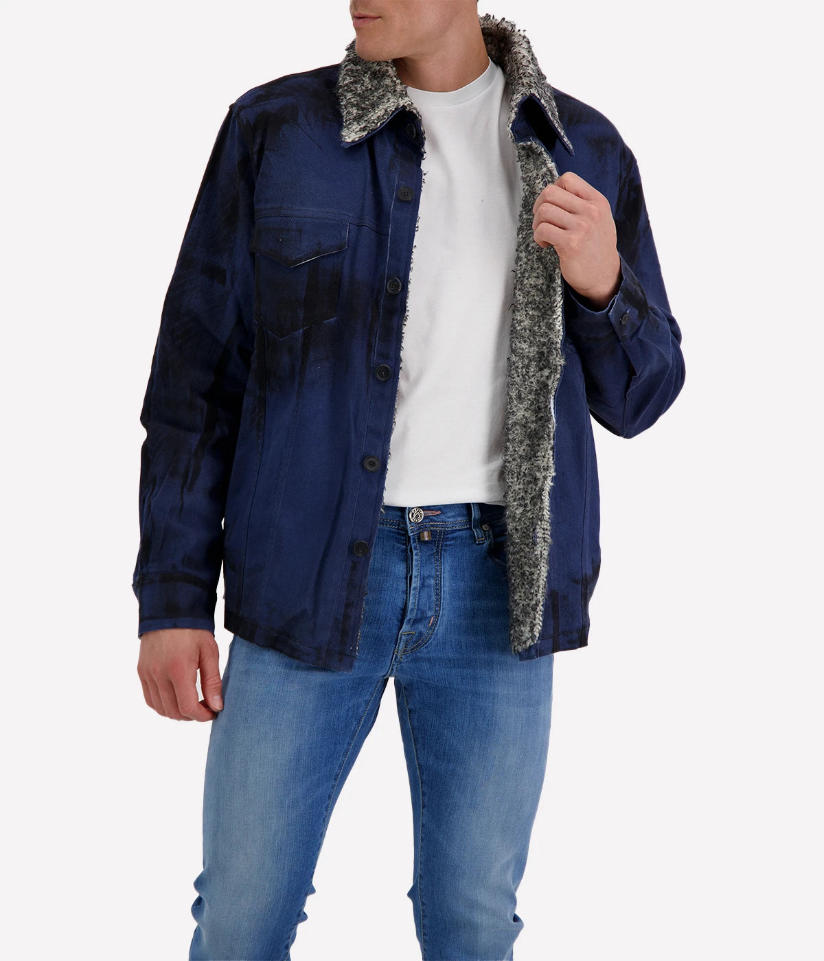 Spatula Effect Denim Shirt Jacket Lined W/ Furry Stitch in Midnight