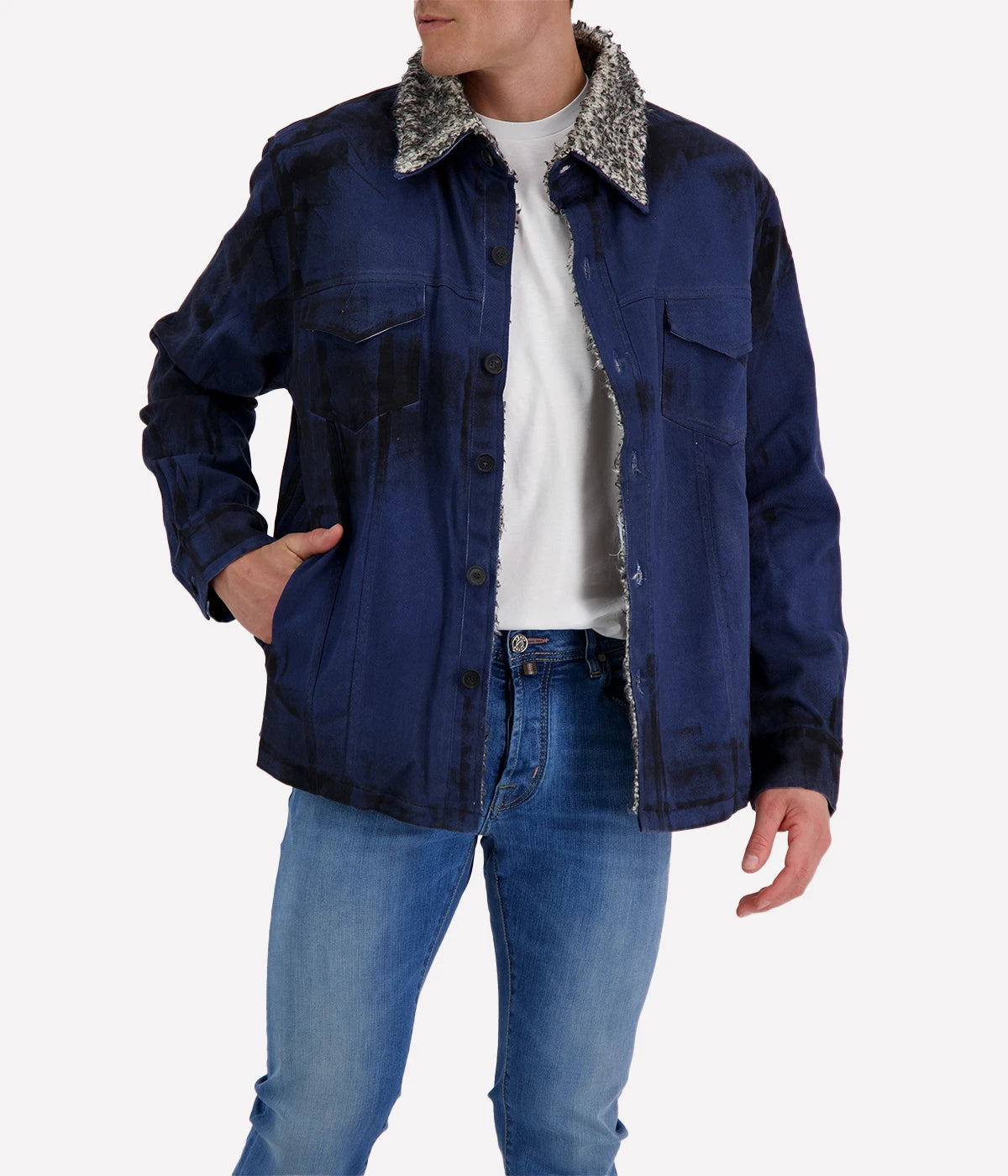Spatula Effect Denim Shirt Jacket Lined W/ Furry Stitch in Midnight