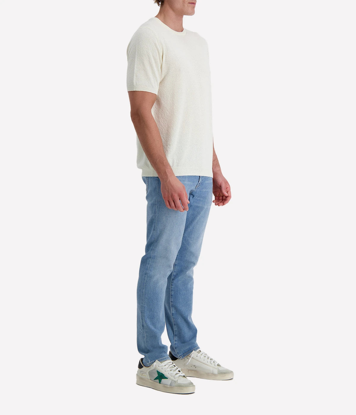 White spongy-effect knit t-shirt with ribbed trims, designed in a clean silhouette for a fresh and versatile summer staple.