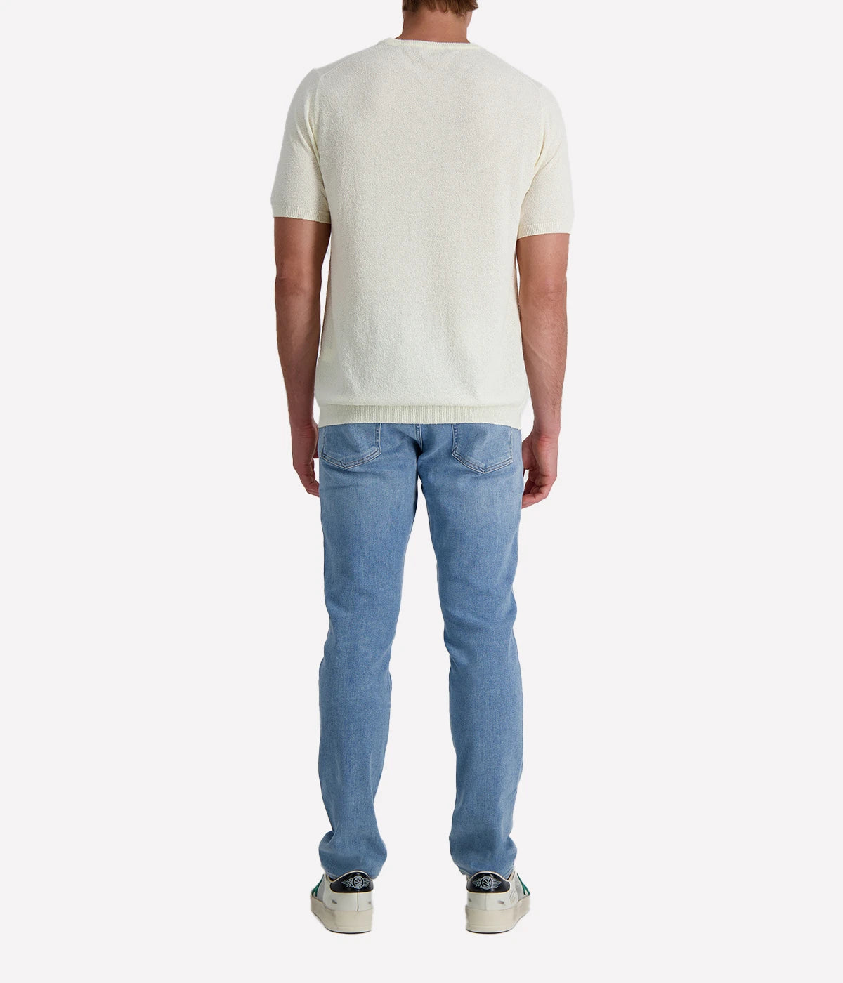 White spongy-effect knit t-shirt with ribbed trims, designed in a clean silhouette for a fresh and versatile summer staple.