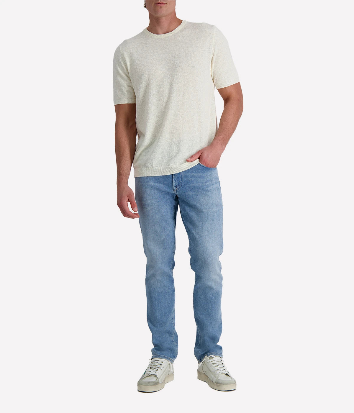 White spongy-effect knit t-shirt with ribbed trims, designed in a clean silhouette for a fresh and versatile summer staple.