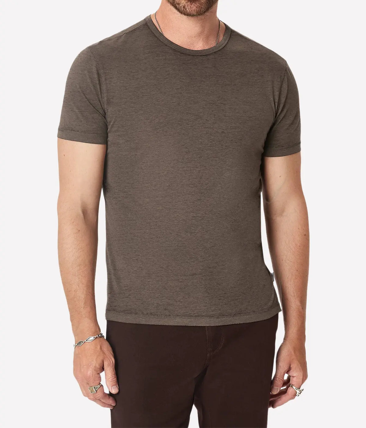 Man wearing John Varvatos Bale Burnout Crewneck Tee in Teakwood with dark brown trousers, front view
